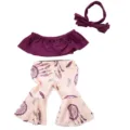 18 inch American girl doll clothes set, off shoulder top, flare pants, and bow headband. - Purple Feather Print Set (Q18-301)