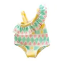 Süßer Puppen-Badeanzug mit geometrischem Print, Volants und One-Schulter-Design für Puppen. - Rosa Gelb Grün Diamant Ein Schulter Rüschen Badeanzug (Q18-409)