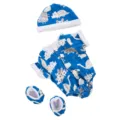 Detailed view of the 18-inch doll clothes set featuring a cute blue dinosaur print romper. - Blue Dinosaur Print Jumpsuit Three-Piece Set / Suitable for 43cm Dolls