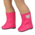 Stivali in pelle rosa per bambole da 18 pollici con decorazione di farfalla glitterata. - 18 Pollici / Rosso rosa