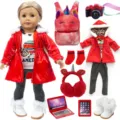 18 Zoll Puppen Winter Outfit Set rote Daunenjacke Einhorn Rucksack Puppenkleidung Zubehör - Weihnachten Rotes Kapuzen Daunenjacke Set (DBZH-001) / 18-Zoll-Puppenkleidungsset (Puppe nicht enthalten)