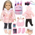 Puppen Wintermantel Set mit Einhorn Rucksack Kamera Handy Spielzeug für Puppen Zubehör. - Glänzendes Rosa Daunenjacke Set (DBZH-004) / 18-Zoll-Puppenkleidungsset (Puppe nicht enthalten)