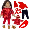 Weihnachtspuppen Winterkleidung Set mit roter Daunenjacke, Leggings, Mütze und niedlichem Zubehör. - Rotes Glänzendes Daunenjacke Weihnachts Set (DBZH-005) / 18-Zoll-Puppenkleidungsset (Puppe nicht enthalten)