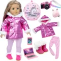 Süße 18-Zoll Puppen Daunenjacke Set mit pinken Stiefeln, Rucksack, Laptop und Kamera Zubehör. - Winter Rosa Daunenjacke Einhorn Rucksack Set (DBZH-006) / 18-Zoll-Puppenkleidungsset (Puppe nicht enthalten)