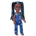 14 Zoll schwarze Modepuppe mit langem blauen geflochtenem Haar und süßem blauen Blumenoverall. - Schwarz Blau Floral Jumpsuit Stil (Q14-054C-053) / 14 Zoll