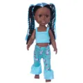 14 inch black doll toy with blue braided hair and stylish unicorn print pants for kids. - Black Blue Flare Pants Style (Q14-020C-053) / 14"
