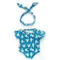 Details des Sommer-Römers und Haarband-Sets für 18-Zoll-Puppen mit blauem Hasen-Punkte-Druck. - 18 Zoll / Blauer Hasen-Strampler (Q18-712)