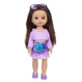 Nahaufnahme einer 14-Zoll Modepuppe mit braunen Haaren, violettem Outfit und Brille. - Violettes Top und bedruckter Rock-Stil (Q14-026C-032) / 14-Zoll-Puppen