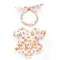 Detailansicht von 18 Zoll Puppenkleidung Set, Blumen Romper und passendem Stirnband. - 18 Zoll / Dreifarbig Floral Strampler (Q18-715)
