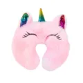 Roze pluche eenhoorn U-vormig popkussentje met geborduurde ogen en kleurrijke regenbooghoorn. - PJ-440-02 U-vormig kussen nr. 2 / Poppenaccessoires U-vormige kussens