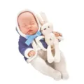 Detailed shot of a cute 12-inch reborn baby doll wearing blue knit clothes and holding a bunny. - Blue Hoodie Set (Closed Eyes) / 12-Inch Doll