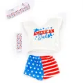 18 inch doll clothes set, American style t-shirt shorts and headband for 45cm dolls outfit. - Red and Blue Color Block (Q18-711) / 18 Inch