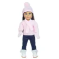 Rosa Strickpullover Set mit Mütze Schal Stiefeln für 18 Zoll Puppen Winterkleidung Mode - Hellrosa Pullover (Q18-786C) / Schuhe nicht enthalten