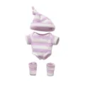 Detailansicht des lila-weiß gestreiften Strickpullover-Sets für 7 Zoll Reborn Puppen Kleidung. - Q7-001 Stil (Nur Puppenkleidung) / 7-Zoll-Puppenkleidung