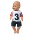 Detailansicht der 18 Zoll Baby Puppen Kleidung Set mit Nummer 3 T-Shirt und Hose. - Rot-Weißes Farbblock Nummer 3 T-Shirt Outfit / 18-Zoll-Puppenbekleidung für American Girl (ohne Schuhe)