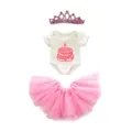 Baby Geburtstag Outfit Set mit weißem Body, rosa Tüllrock und glitzernder Kronen Tiara. - Rosa Kuchen Krone Stil (Q18-381)