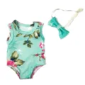 18 inch American girl doll clothes set turquoise floral romper and bow headband outfit. - Green Floral Romper (Q18-664) / Fits 43cm Dolls / Green Floral