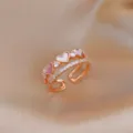 Korean minimalist pink mother-of-pearl heart double layer open ring with sparkling zircon for women. - Ring-Rose Gold