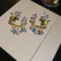 Colorful Zircon Leaf Tassel Earrings Fashionable Crystal Crescent Drop Studs Jewelry - Colorful Inlaid Tassel Style (16#)