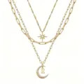 Gold layered star moon initial E pendant necklace fashion multi chain choker jewelry gift details - Style E