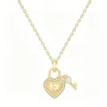 Gold heart lock pendant necklace with sparkling crystal pave and letter E detail. - Letter E