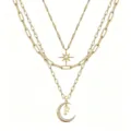 Detailed look at the multi-layer gold necklace with star and crescent moon letter F pendant. - Style F