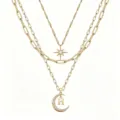 Multi-layer gold chain necklace featuring star and rhinestone moon letter H pendant. - Style H