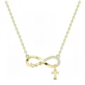 Dettaglio della collana con infinito dorato con diamante e ciondolo lettera T accessorio moda. - Oro T