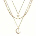 Gold layered necklace detail showing star, diamond crescent moon and letter I pendants. - Style I