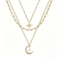 Gold layered necklace detail with paperclip chain, crystal star and letter J moon pendant. - Style J
