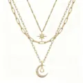 Multi-layer gold layered necklace set featuring star and moon pendants with crystal details. - Pattern O