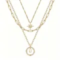 Collana multistrato dorata vintage dettaglio, ciondolo stella bussola e lettera U donna. - Stile U