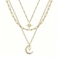 Multi-layer gold tone necklace with crystal star and moon pendant, fashion jewelry. - Style V