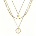 Collana multistrato dorata vintage da donna con stella esagonale e ciondolo bussola decorata. - Modello X