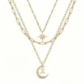 Detail view of multi-layer layered gold necklace featuring rhinestone star and moon pendant. - X Style