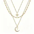 Detailed view of multi-layer layered gold necklace featuring star and moon charms with letter Y. - Pattern Y