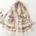 French pastoral floral bird printed scarf, vintage cotton linen feel long beach shawl for women. - 180x85cm / Red