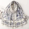 French pastoral floral bird print scarf, cotton linen feel long retro shawl for women beach. - 180x85cm / Blue