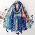 Bohemian stijl blauwe print sjaal detail, patchwork paisley kwastjes strand sjaal. - 180x88cm / Blauw en Wit Bedrukt (SL2608-017)