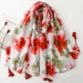 Vue détaillée de l'écharpe à imprimé floral avec franges style rétro doux. - Style Imprimé Rétro (SL2607-011) / 180x88cm