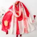 Vintage Floral Fos Skarfi Gynaikeio Ethnniko Geo Print Boho Paralia Shawl Wrap - Κόκκινο Λευκό Ροζ Ανθικό Σχέδιο (Κόκκινη Φούντα)