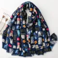 Cute cartoon cat pattern navy blue scarf soft fabric stylish daily autumn winter accessory - Navy Blue