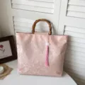 Rosenfarbene Damen Tragetasche im neuen chinesischen Stil mit Bambusgriff und Quasten Anhänger - Mit Anhänger / Rosa