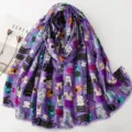 Purple cotton linen scarf with cute cartoon cat pattern, korean style shawl for women detail. - Purple