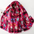 Süßer Katzen Print rosa Schal Mode Baumwolle Leinen Tuch lässiger weicher Fransen - Fuchsia