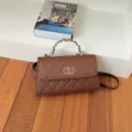 Brown Quilted Shoulder Bag with Metallic Chain Handle and Chic Rings for Women - Brown