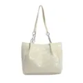 Beige large capacity tote bag with silver printed pattern and chain straps for daily commuting. - Without Pendant / White