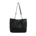 Black large capacity tote bag for women with chain shoulder strap and silver print. - Without Pendant / Black
