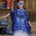 Μπλε πόντσο κάπα εθνοτικού στυλ μπατίκ, vintage floral print boho προστασία από ήλιο. - Μπλε Tie-Dye Τυπωτό Στυλ (4) / 160*90cm
