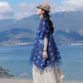 Μοναδική Μπλε Κάπα Σάλι Ηλιακής Προστασίας με Εθνοτικό Στυλ Vintage Μοτίβο Για Γυναίκες - Μπλε Tie-Dye Τυπωτό Στυλ (9) / 160*90cm